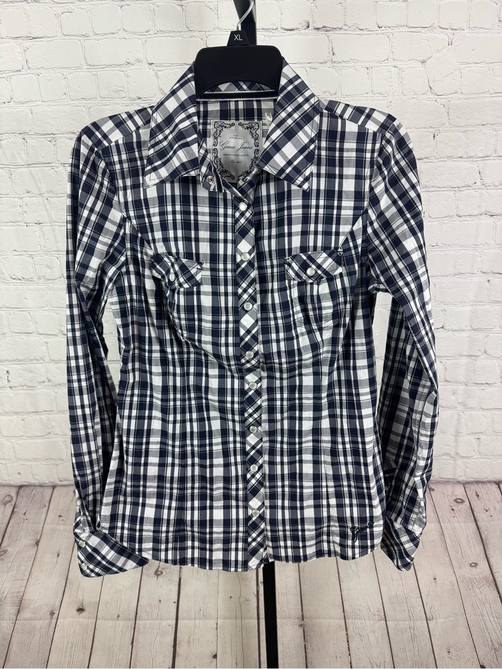 GUESS Jeans Navy White Plaid Western Pearl Snap Long Sleeve Shirt Size Medium